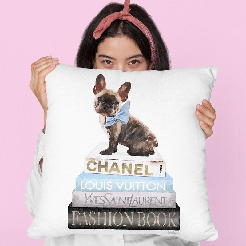 New Books Grey Blue With Brindle Frenchie Throw Pillow By Amanda Greenwood
