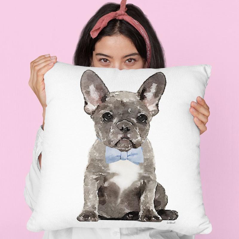 Grey French Bulldog With Blue Bow Tie Throw Pillow By Amanda Greenwood