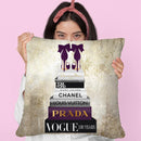 Tall Book Stack With Purple Shoes & Gold Background Throw Pillow By Amanda Greenwood