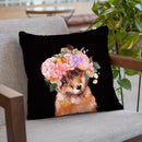 Baby Fox with Flower Crown in Black Throw Pillow by Big Nose Work