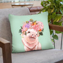 baby Pig with Flower Crown in Green Throw Pillow by Big Nose Work