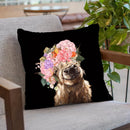 Highland Cow with Flower Crown in Black Throw Pillow by Big Nose Work