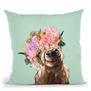 Highland Cow with Flower Crown in Green Throw Pillow by Big Nose Work