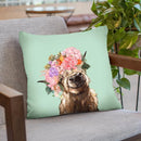 Highland Cow with Flower Crown in Green Throw Pillow by Big Nose Work