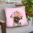 Pug with Flower Crown in Pink Throw Pillow by Big Nose Work