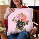 Pug with Flower Crown in Pink Throw Pillow by Big Nose Work