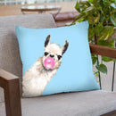Sneaky Llama with Bubble Gum in Blue Throw Pillow by Big Nose Work