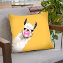 Sneaky Llama with Bubble Gum in Yellow Throw Pillow by Big Nose Work