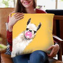 Sneaky Llama with Bubble Gum in Yellow Throw Pillow by Big Nose Work