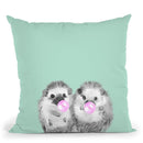 Twin Hedgehogs with Bubble Gum Black and White in Green Throw Pillow by Big Nose Work