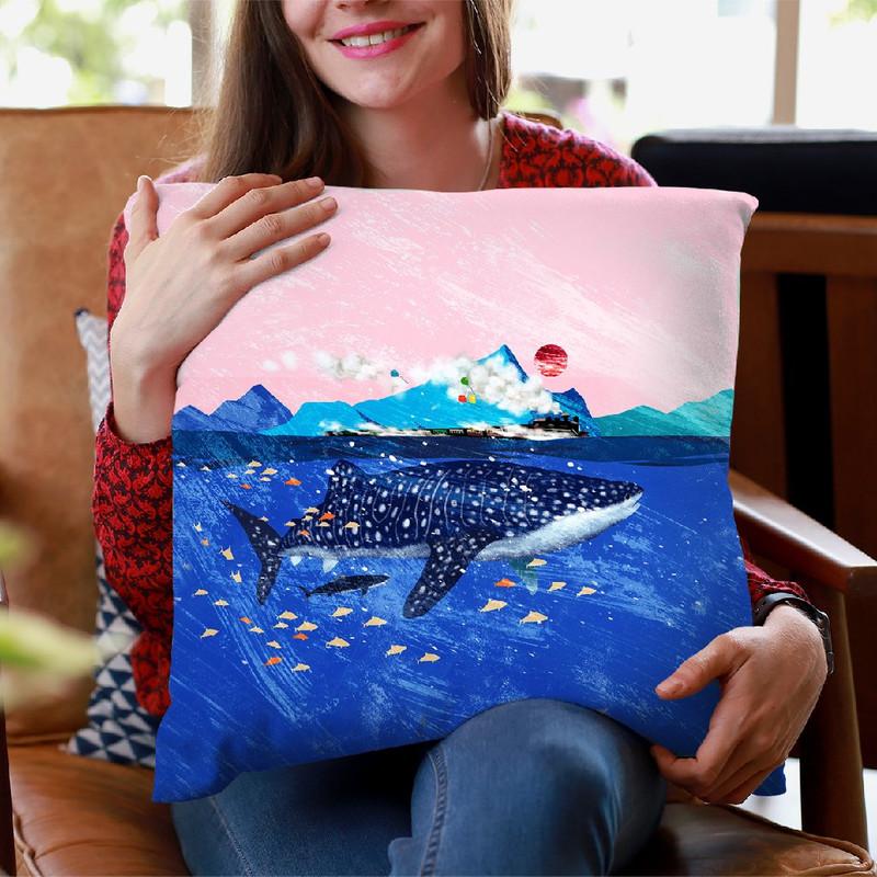 Whale Shark and steam train Throw Pillow by Big Nose Work
