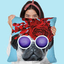 Flower Power Pug Blue Throw Pillow By Coco De Paris