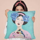 Woman With Bird And Cherry Throw Pillow By Sally B