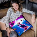 Laser Eyes Space Cat Riding On Surfing Llama Unicorn Throw Pillow By Skyler Hill
