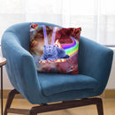 Laser Eyes Space Cat Riding Rainbow Pizza Throw Pillow By Skyler Hill