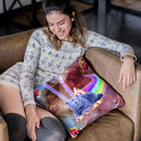 Laser Eyes Space Cat Riding Rainbow Pizza Throw Pillow By Skyler Hill