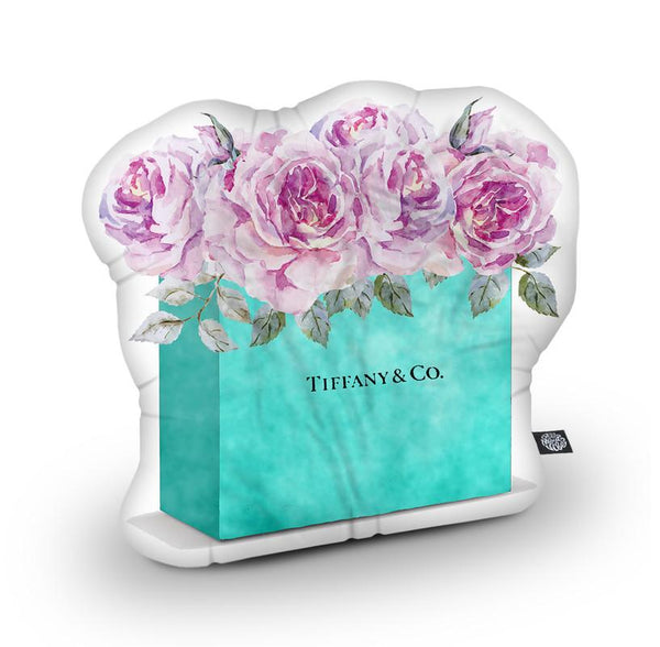 Shopping Bag Teal Pink Roses Shaped Throw Pillow by Amanda Greenwood - by all about vibe
