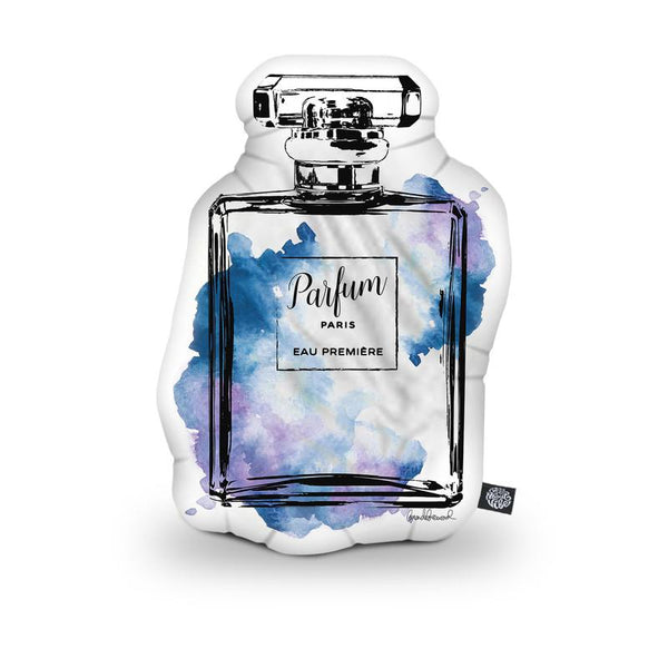 Perfume Bottle Blue Shaped Throw Pillow by Amanda Greenwood - by all about vibe