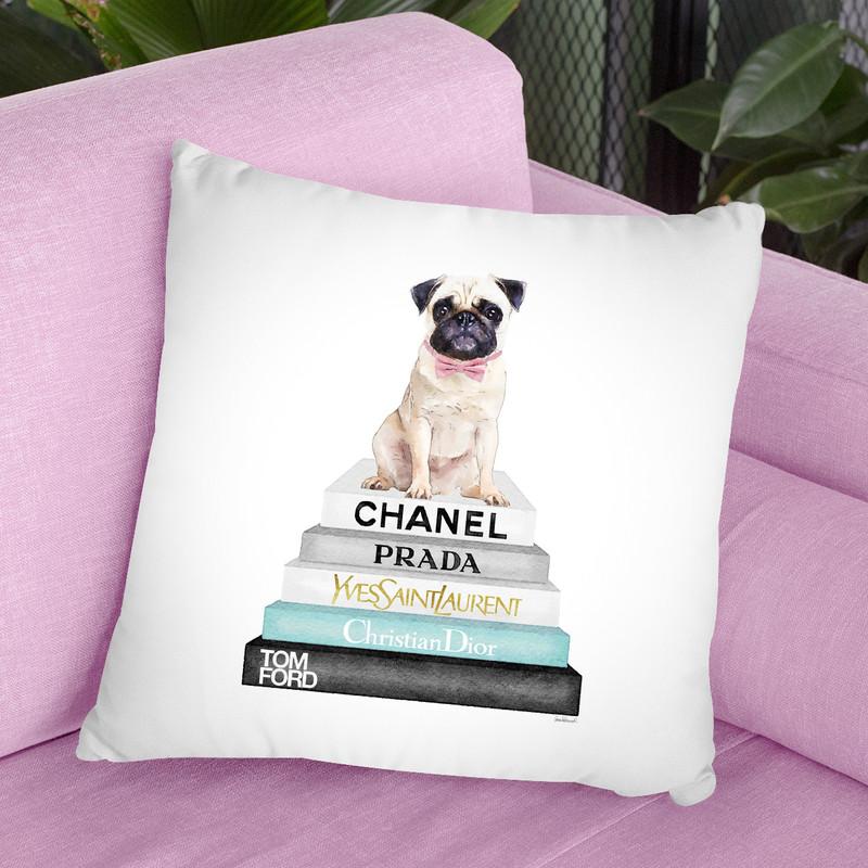 Bookstack Pug Pink Bow Throw Pillow By Amanda Greenwood