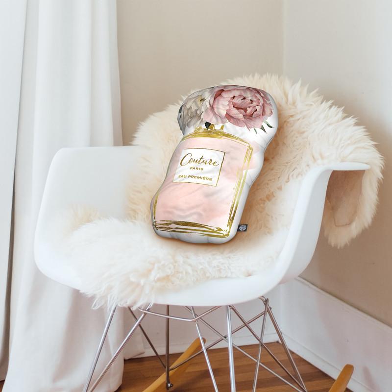 Perfume Bottle Blush Mix Peony Shaped Throw Pillow by Amanda Greenwood - by all about vibe