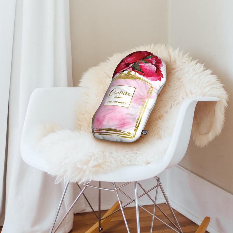 Perfume Bottle Pink Deep Peony Shaped Throw Pillow by Amanda Greenwood - by all about vibe