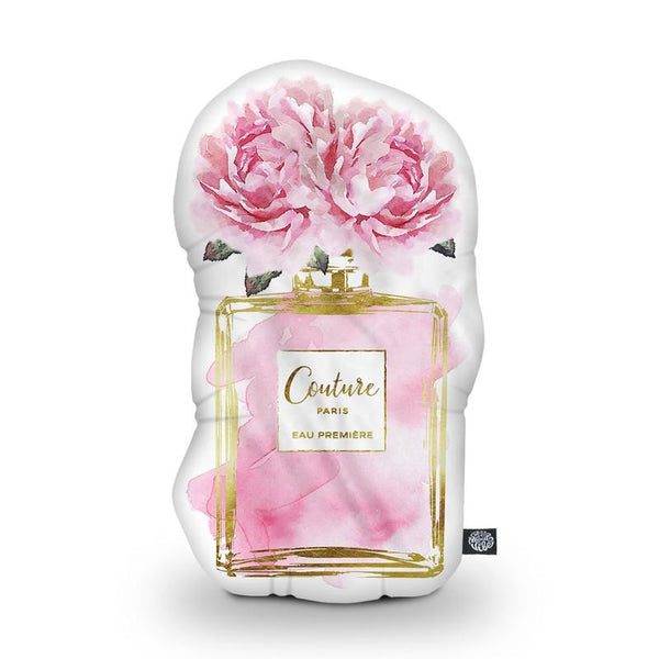 Perfume Bottle Pink Peony Shaped Throw Pillow by Amanda Greenwood - by all about vibe