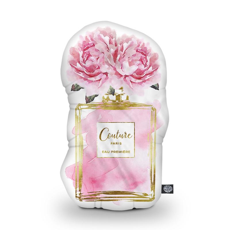 Perfume Bottle Pink Peony Shaped Throw Pillow by Amanda Greenwood - by all about vibe