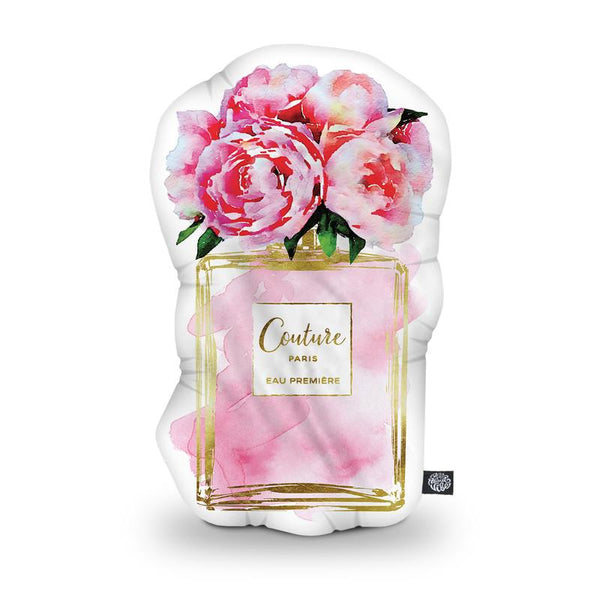 Perfume Bottle Pink Peony Ii Shaped Throw Pillow by Amanda Greenwood - by all about vibe