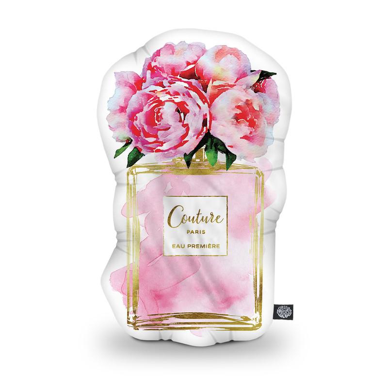 Perfume Bottle Pink Peony Ii Shaped Throw Pillow by Amanda Greenwood - by all about vibe