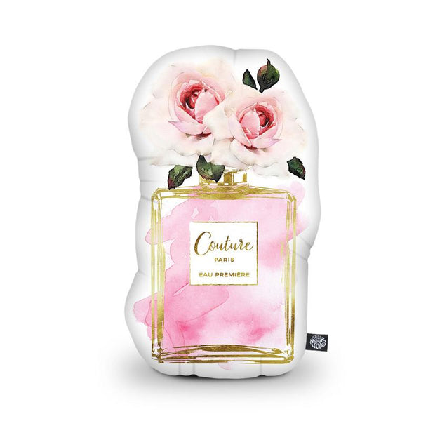 Perfume Bottle Pink Rose Shaped Throw Pillow by Amanda Greenwood - by all about vibe