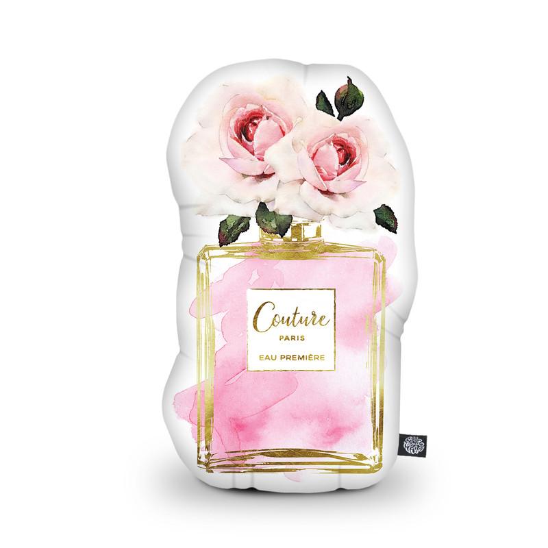 Perfume Bottle Pink Rose Shaped Throw Pillow by Amanda Greenwood - by all about vibe