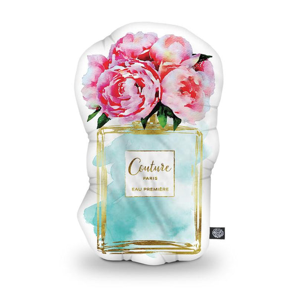 Perfume Bottle Teal Peony Shaped Throw Pillow by Amanda Greenwood - by all about vibe