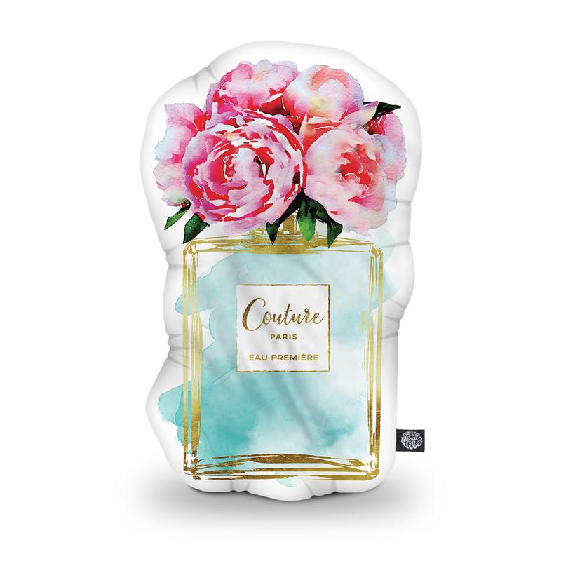 Perfume Bottle Teal Peony Shaped Throw Pillow by Amanda Greenwood - by all about vibe