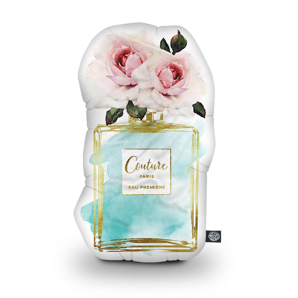 Perfume Bottle Teal Rose Shaped Throw Pillow by Amanda Greenwood - by all about vibe