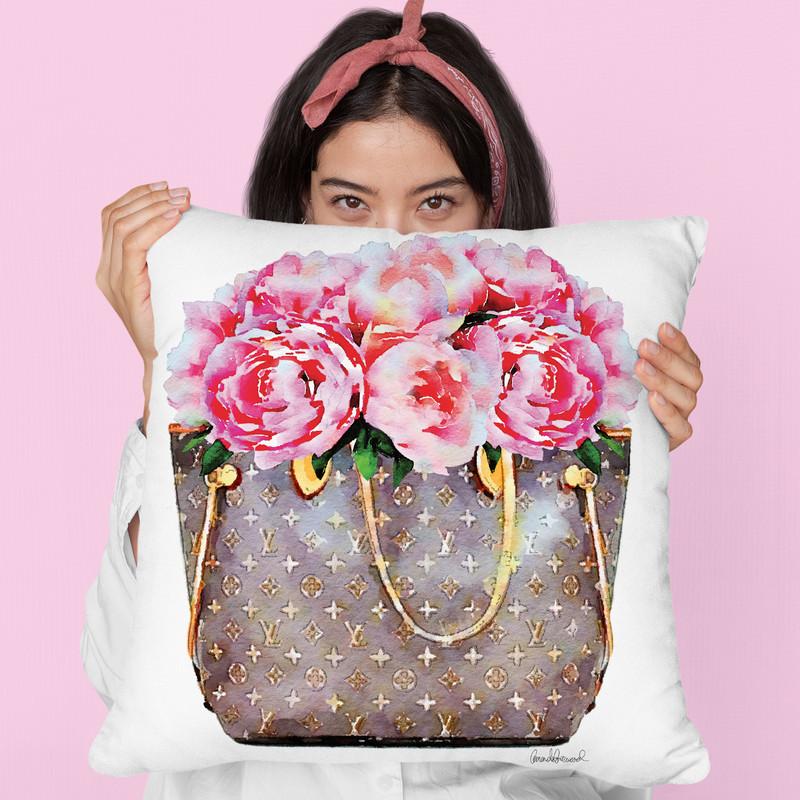 Brown Bag Filled With Pink Peonies Throw Pillow By Amanda Greenwood