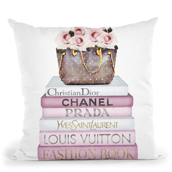 Pink Tone Books, Bag With Roses Throw Pillow By Amanda Greenwood
