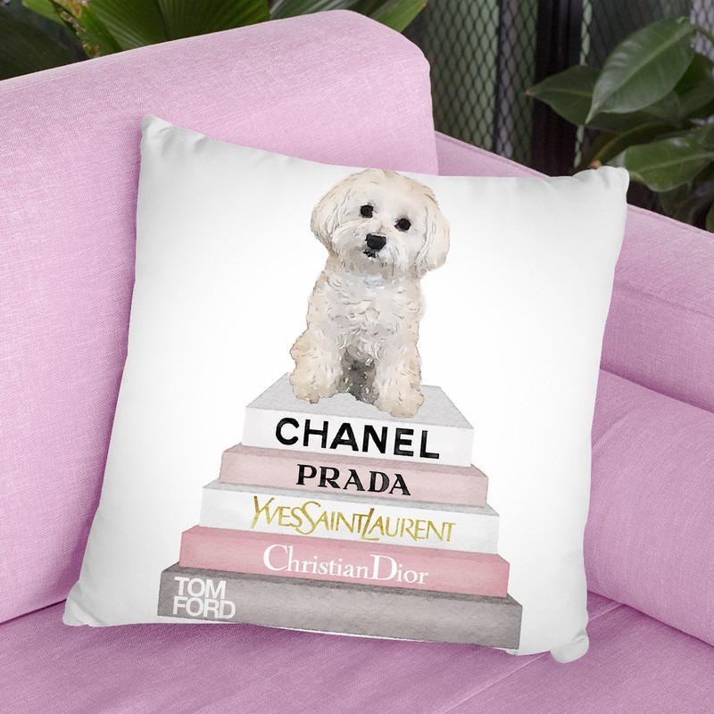 Pink Grey Books, With Maltese Throw Pillow By Amanda Greenwood