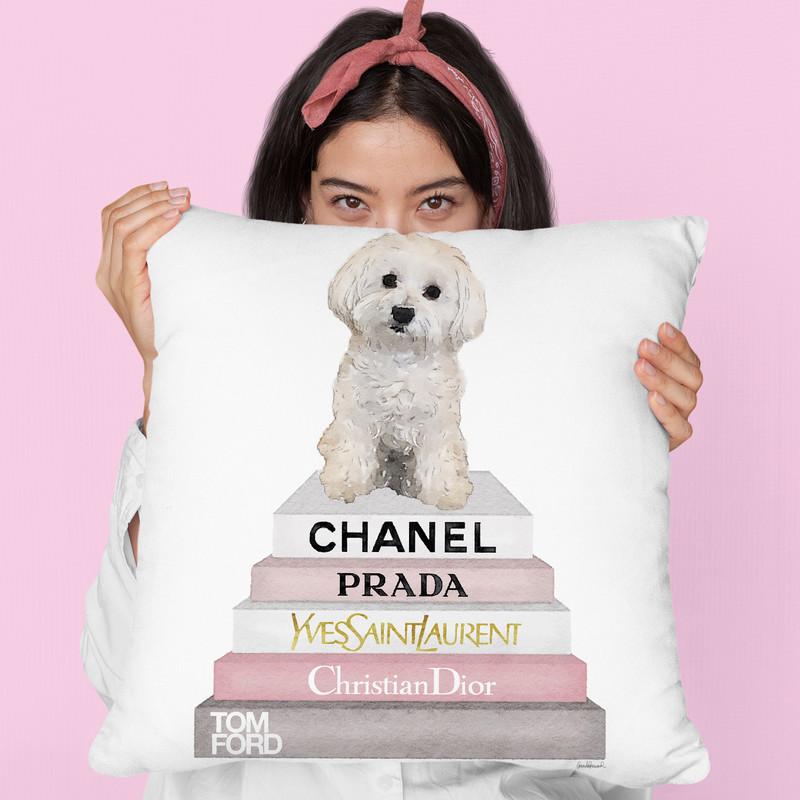 Pink Grey Books, With Maltese Throw Pillow By Amanda Greenwood