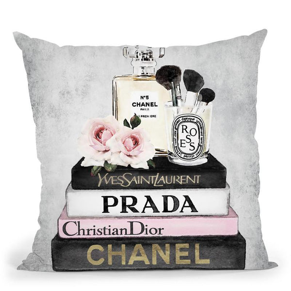 Books Of Fashion, Pink, Makeup Set, Grey Grunge Throw Pillow By Amanda Greenwood