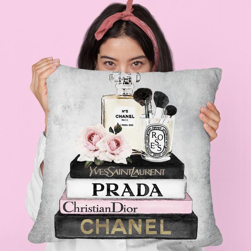 Books Of Fashion, Pink, Makeup Set, Grey Grunge Throw Pillow By Amanda Greenwood