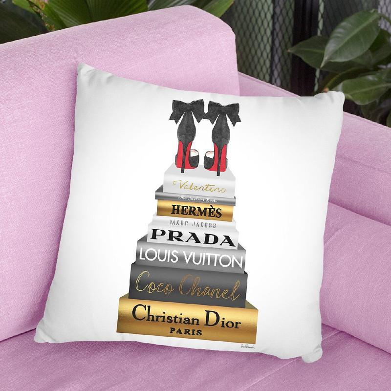 Tall Metallic Stack Gold With Black Bowoes Red Soles Throw Pillow By Amanda Greenwood