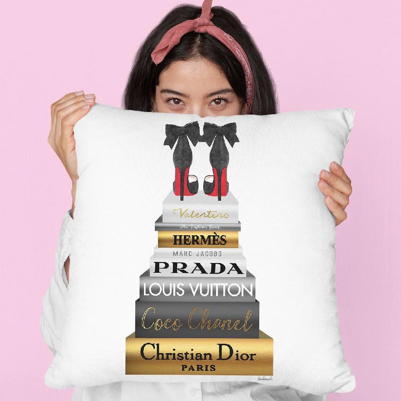Tall Metallic Stack Gold With Black Bowoes Red Soles Throw Pillow By Amanda Greenwood