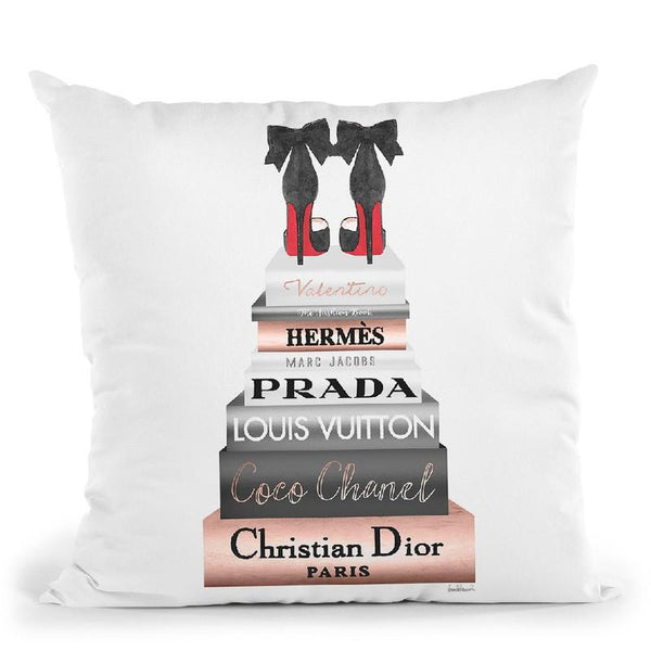 Tall Book Stack Rose Gold With Black Bowoes Red Soles Throw Pillow By Amanda Greenwood