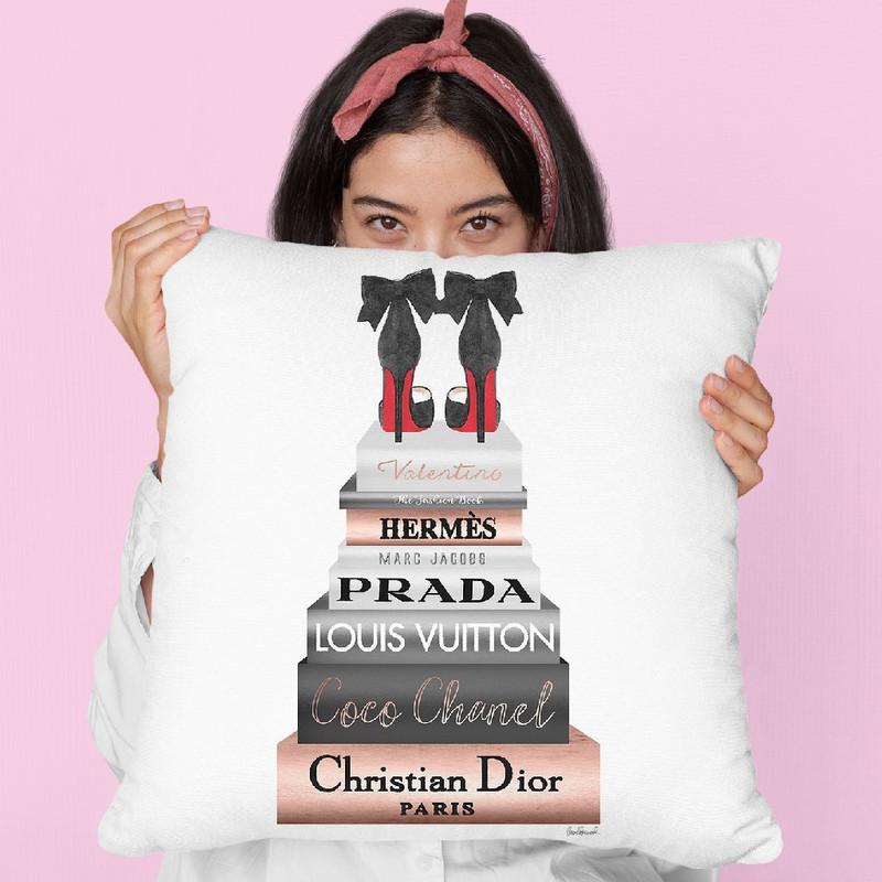Tall Book Stack Rose Gold With Black Bowoes Red Soles Throw Pillow By Amanda Greenwood