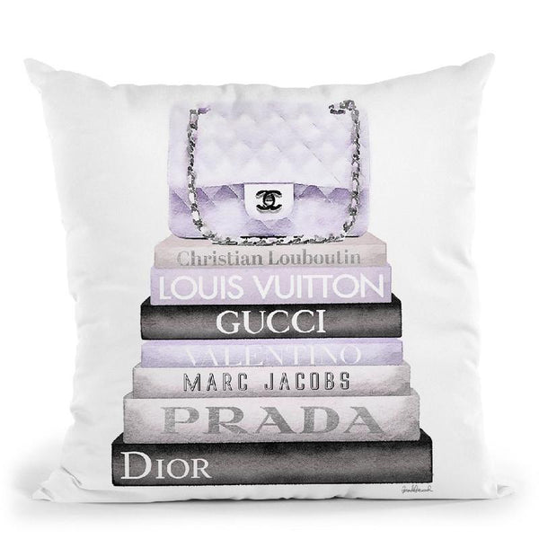 Medium Book Stack Grey Lilac , Quilted Bag Throw Pillow By Amanda Greenwood