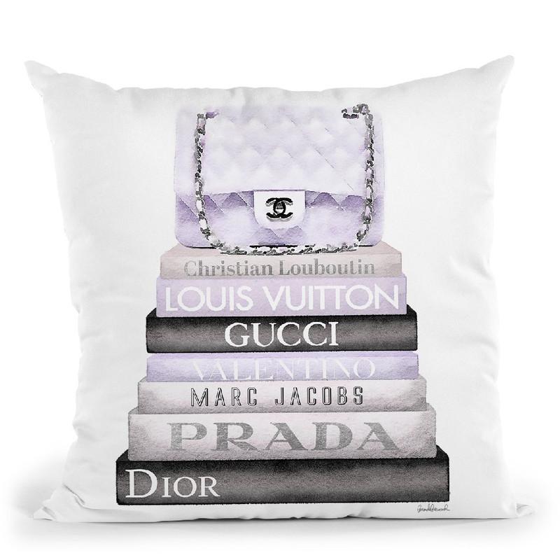 Medium Book Stack Grey Lilac , Quilted Bag Throw Pillow By Amanda Greenwood