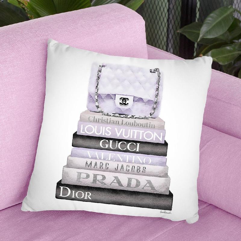 Medium Book Stack Grey Lilac , Quilted Bag Throw Pillow By Amanda Greenwood