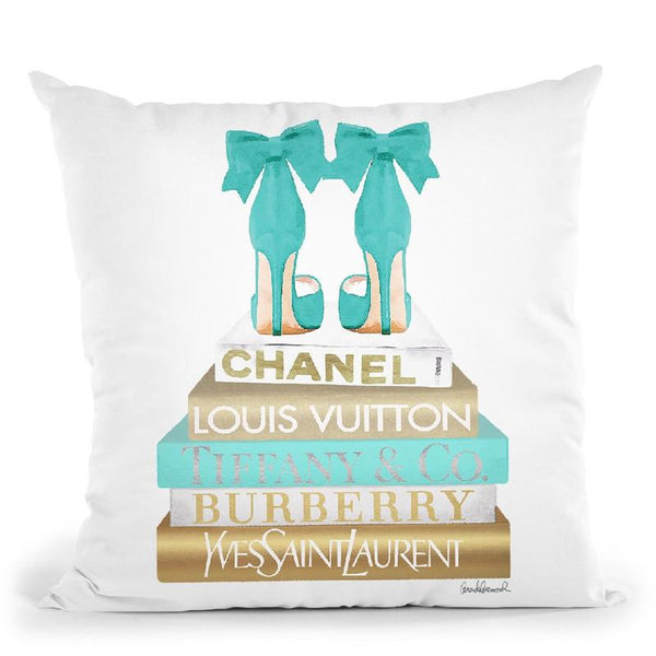 Gold Bookstack With Teal & BowoesÊ Throw Pillow By Amanda Greenwood