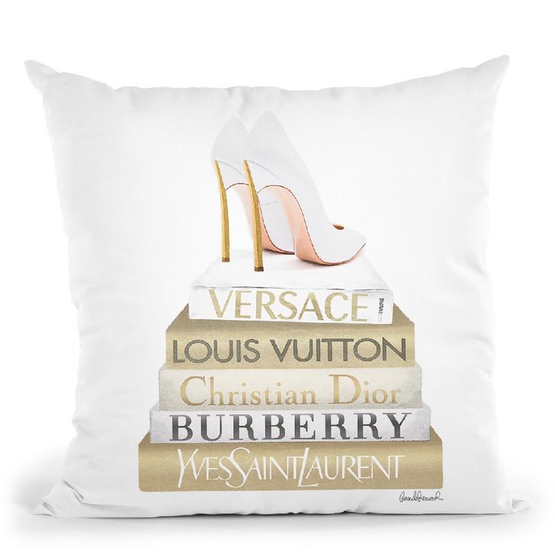Gold Bookstack With White Heels Throw Pillow By Amanda Greenwood