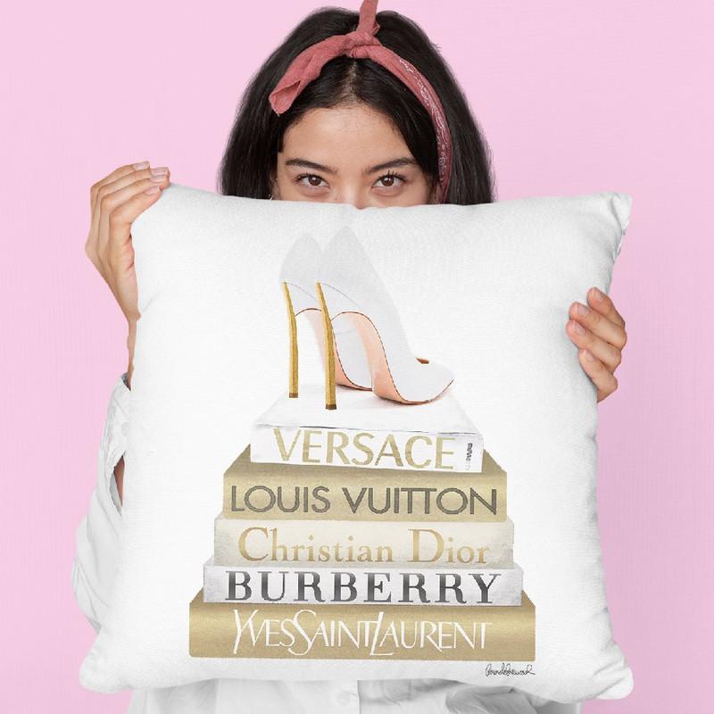 Gold Bookstack With White Heels Throw Pillow By Amanda Greenwood